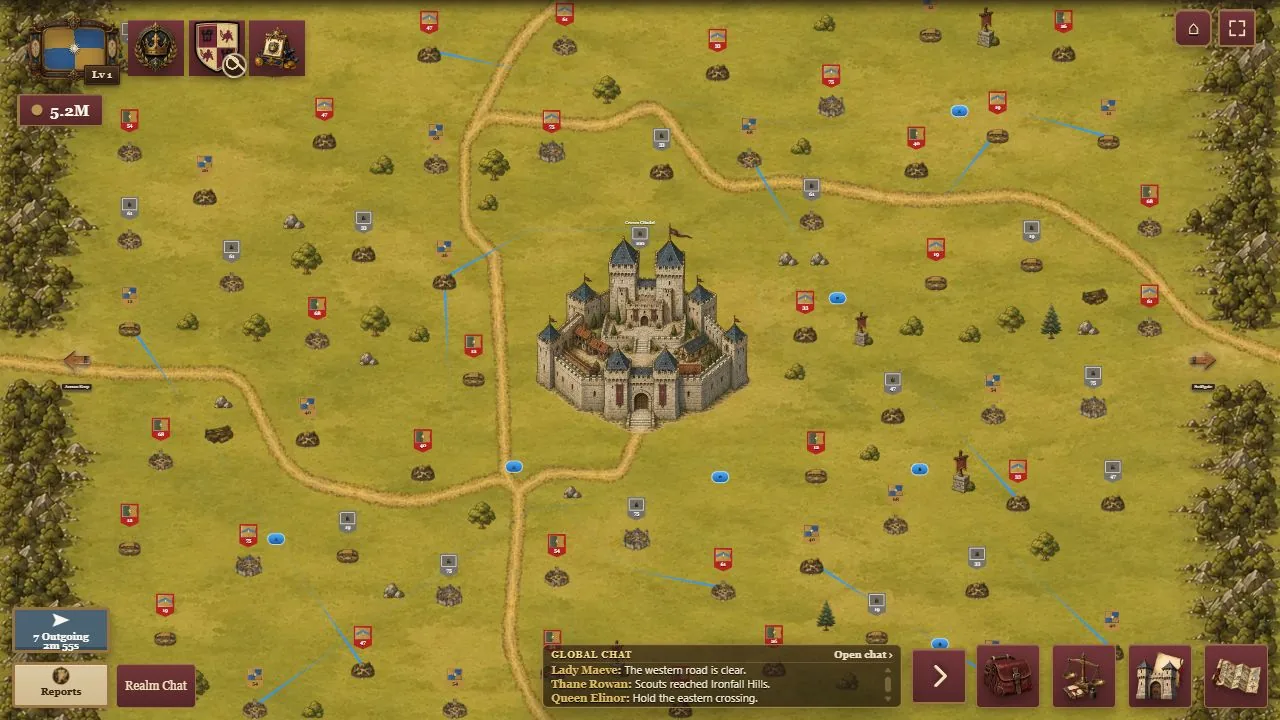 Actual Crown Citadel gameplay with populated cities, scenery, structures and simulated marches