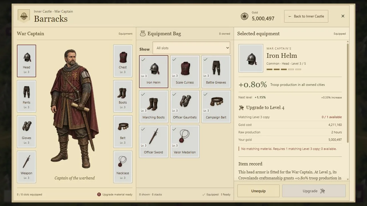 Actual Crownlands game equip interface with fictional values