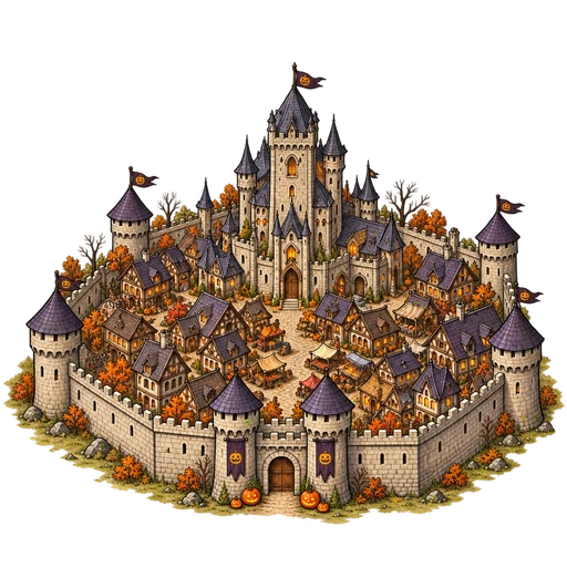 Official Halloween City castle artwork with autumn decorations