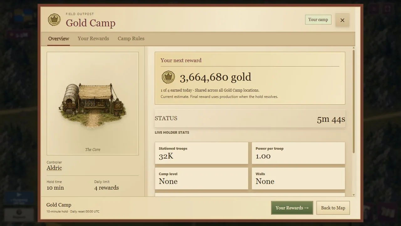 Actual Crownlands game objectives interface with fictional example values