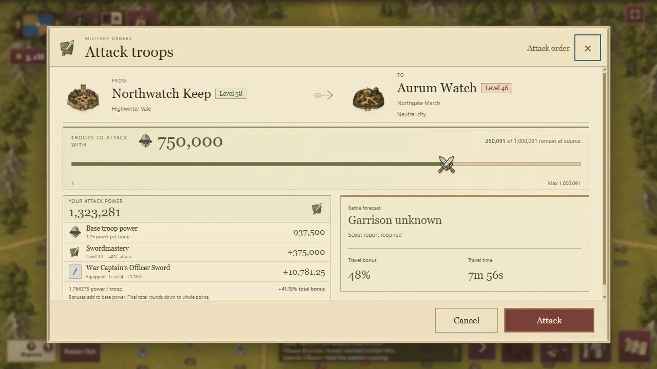 Actual Crownlands game orders interface with fictional example values