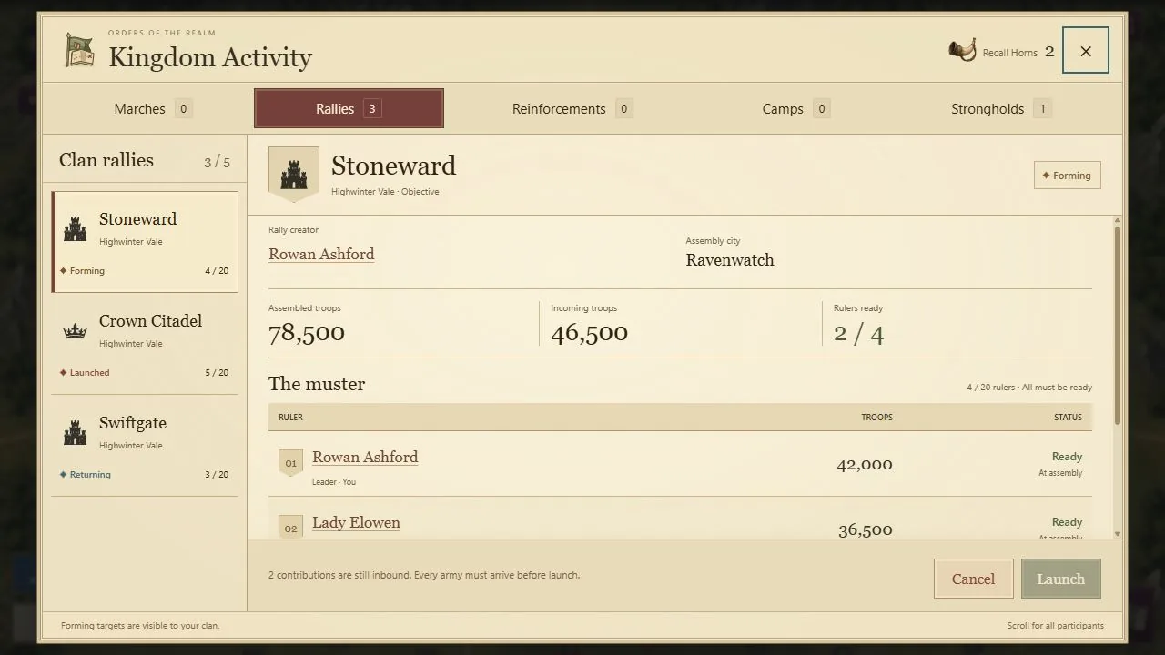 Actual Crownlands game rally interface with fictional values