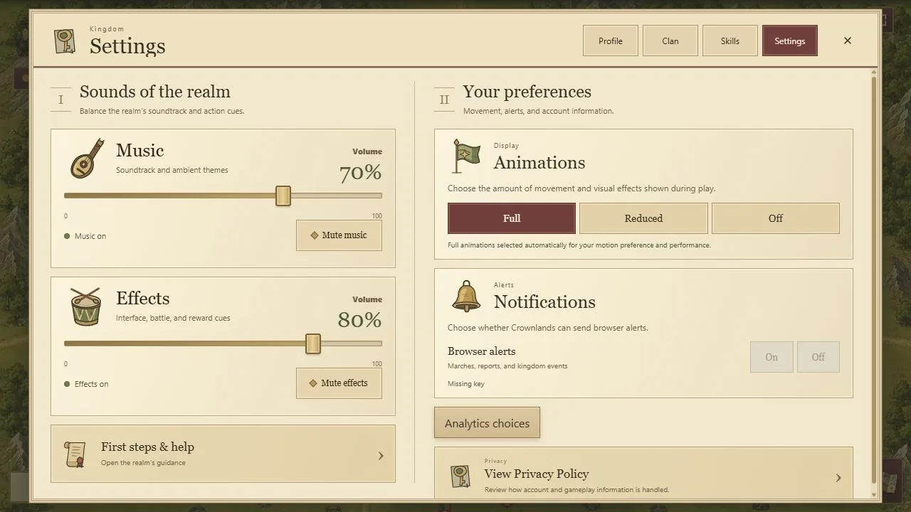 Crownlands seasons account interface with fictional demonstration values