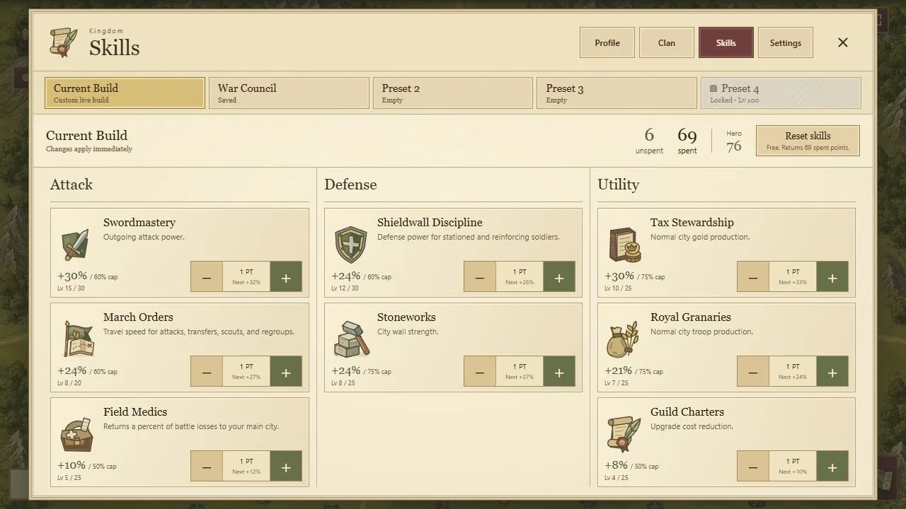 Crownlands skills presets interface with fictional demonstration values